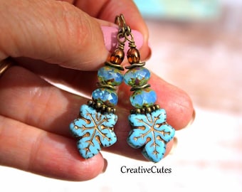 Aqua Blue Rustic Leaf Earrings, Czech Glass Beads, Bohemian Leaf Dangles, Autumn Earrings, Handmade Boho Jewelry, Nature Lover Jewelry