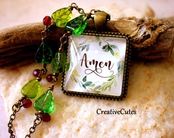 Amen Pendant Necklace, Christian Necklace, Rustic Bronze Chain with Czech Glass Leaves & Beads, Unique Prayer Necklace, Glass Art Pendant