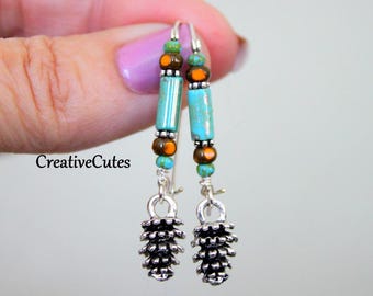 Boho Pinecone Earring Dangles, Wire Wrapped Colorful Czech Glass Beads, Dainty Silver Pinecone Earrings, Simple Bohemian Nature Earrings