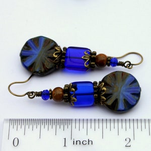 Rustic Boho Cobalt Blue Earrings, Unique Czech Glass Beads, Brown Ceramic Beads, Rustic Bronze Earrings, Colorful Bohemian Beaded Dangles image 4