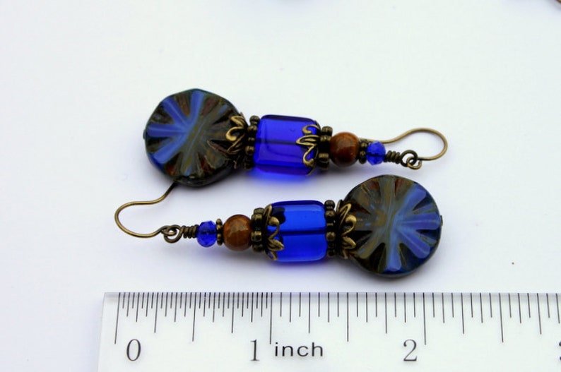 Rustic Boho Cobalt Blue Earrings, Unique Czech Glass Beads, Brown Ceramic Beads, Rustic Bronze Earrings, Colorful Bohemian Beaded Dangles image 4