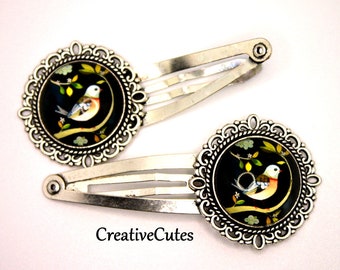 Cute Folk Art Bird Snap Hair Clips, Set of 2 Silver Hair Clips, Scandinavian Bird Art under Glass, Boho Barrettes for Women, Boho Hair Snaps