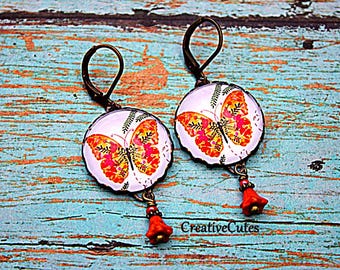 Orange Butterfly Earrings, Rustic Bird Art Dangles, Czech Glass Beads, Colorful Handmade Bohemian Jewelry, Folk Art Butterflies