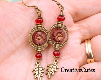 Rustic Victorian Earrings, Dainty Red Czech Flower Bead Dangles, Rustic Bronze Leaf Earrings, Steampunk Spinners, Boho Nature Lover Earrings