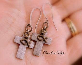 Rustic Boho Cross Earrings, Tiny Brass Ichthys Fish Dangles, Industrial Antiqued Silver Cross Earrings, Bohemian Christian Jewelry