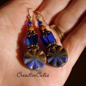 Rustic Boho Cobalt Blue Earrings, Unique Czech Glass Beads, Brown Ceramic Beads, Rustic Bronze Earrings, Colorful Bohemian Beaded Dangles image 5