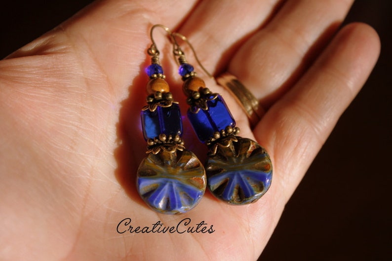 Rustic Boho Cobalt Blue Earrings, Unique Czech Glass Beads, Brown Ceramic Beads, Rustic Bronze Earrings, Colorful Bohemian Beaded Dangles image 5