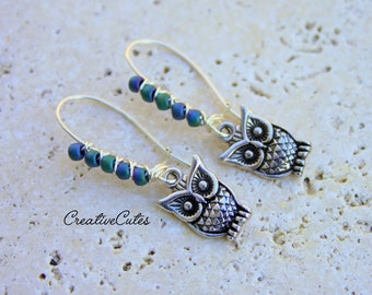 Simple Boho Owl Earring Dangles, Wire Wrapped Blue Czech Glass Beads, Antiqued Silver Owl Charms, Dainty Simple Bohemian Hippie Chic Style