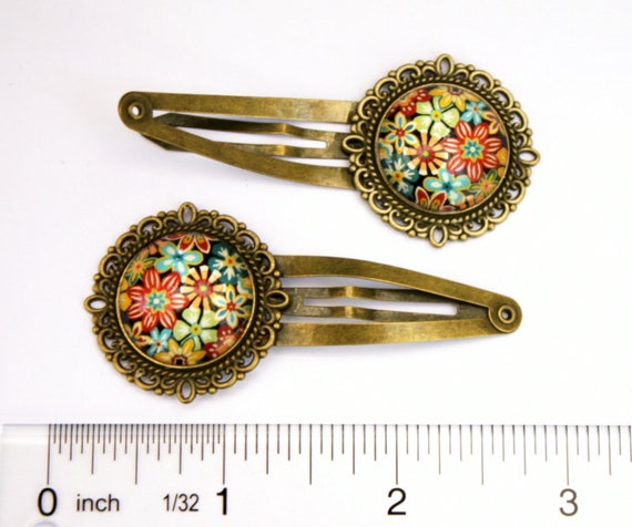 Retro Flower Snap Hair Clip Set, Set of 2 Brass Snap Clips  display picture 2