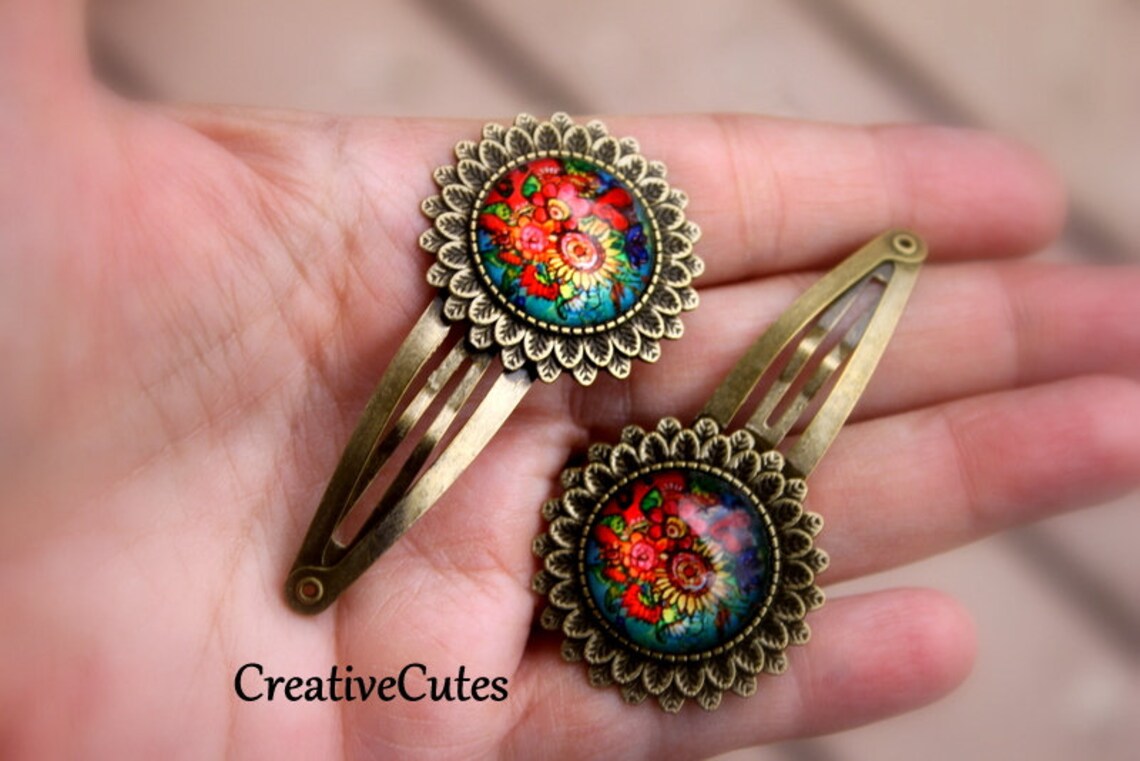 Colorful Flowers Hair Clips Set of 2 Brass Spring Snap Clips Etsy