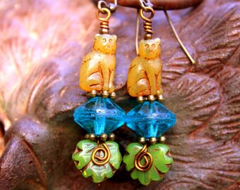 Colorful Cat Earrings, Bohemian Nature Leaf Dangles, Czech Glass Beads, Cat Lover Gift, Handmade Boho Kitty Cat Jewelry