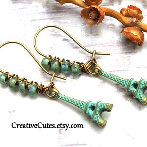 Rustic Eiffel Tower Earrings, Verdigris Bronze Charms, Bohemian Aqua Czech Bead Earring Dangles, Historical Monument Paris Travel Jewelry