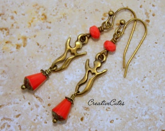 Dainty Boho Yoga Earrings, Rustic Bronze Goddess Dangles, Cute Bohemian Hippie Earrings, Coral Red Czech Bead Earrings, Zen Earrings