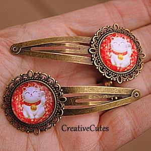 Lucky Cat Art Hair Clips, Set of 2 Brass Snap Clips, Colorful Red Beckoning Cats, Cat Lover Gift, Japanese Maneki-neko Cat Hair Jewelry