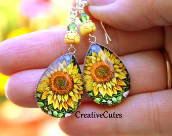 Rustic Sunflower Earrings, Colorful Teardrop Sunflower Art Dangles, Handmade Boho Earrings, Sunflower Lover Jewelry, Bohemian Gypsy Earrings