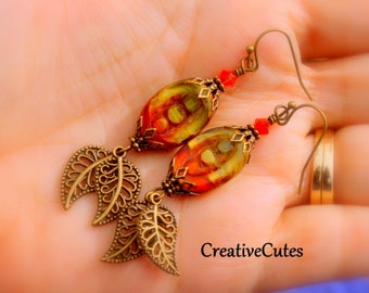 Rustic Brass Leaf Earrings, Boho Orange Earrings, Rustic Czech Bead Dangles, Orange Crystal Earrings, Long Bohemian Autumn Earrings