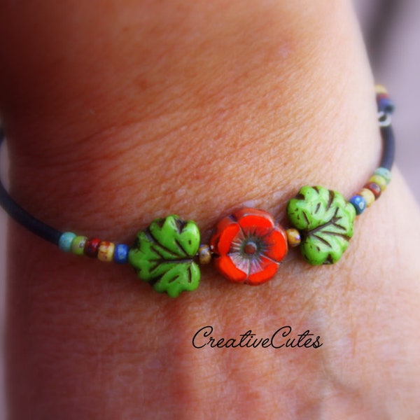 Colorful Boho Flower Bracelet, Single Slim Stacking Cuff Bracelet, Bohemian Czech Bead Bracelet, Simple Oval Memory Wire Stretch Bracelet