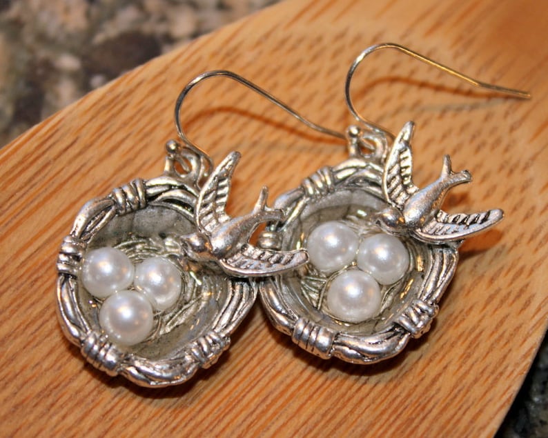 SALE Silver Bird Nest Earrings Bird Nest With Pearl Eggs Etsy