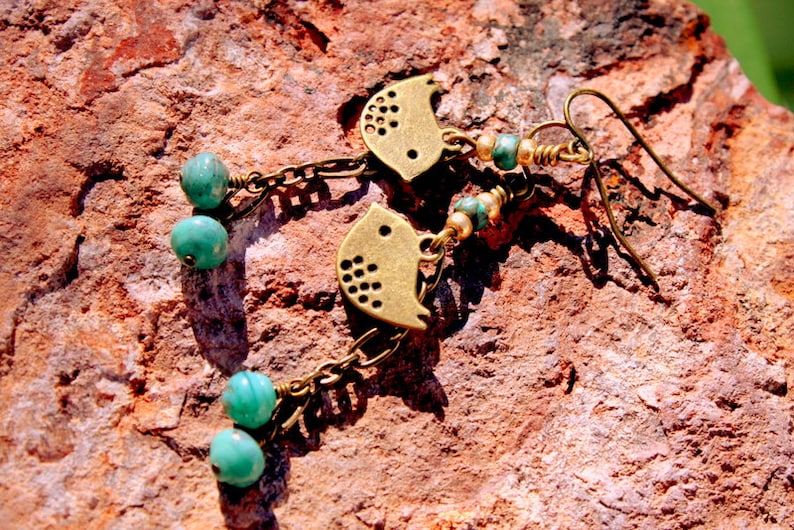 Rustic Boho Bird Earring Dangles, African Turquoise Beads, Czech Glass Beads, Brass Chain Dangles, Charming Bohemian Hippie Bird Earrings image 4