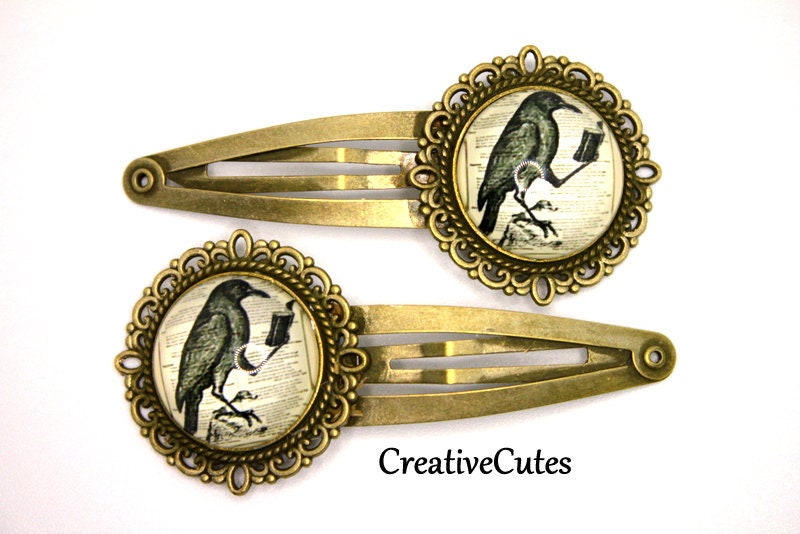 Rustic Gothic Raven Hair Clips, Set of 2 Brass Snap Clips, Black & White Reading Raven Images under Glass, Funky Steampunk Hair Clips