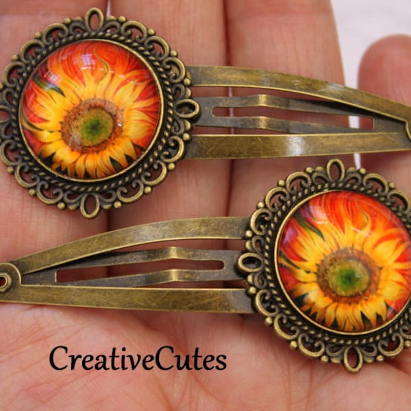 Colorful Rustic Sunflower Hair Clips, Set of 2 Brass Snap Clips, Sunflower Art Glass Cabochons, Boho Yoga Hair Clips, Womens Hair Snaps