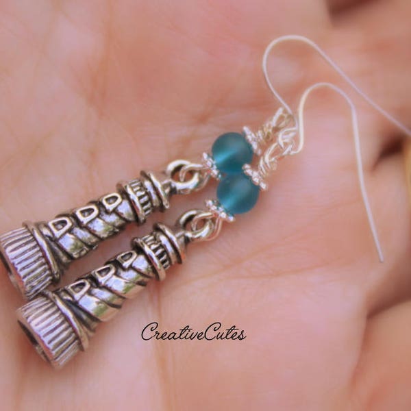 Boho Lighthouse Earring Dangles, Aqua Blue Sea Glass Beads, Antiqued Silver Light House Charms, Coastal Seaside Gift Earrings, Classic Style
