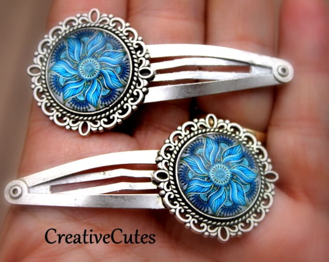 Bright Blue Mandala Flower Snap Hair Clips, Set of 2 Silver Snap Clips, Boho Mandala Images