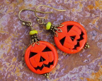 Cute Jack-o-Lantern Earrings, Orange Pumpkins, Tiny Green Czech Beads, Rustic Brass, Fun Fall Halloween Jewelry, Boho Hippie Chic Style