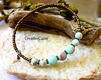 Boho Beaded Wrap Bracelet, Unique Oval Memory Wire Single Slim Stacking Cuff Bracelet, Light Aqua Imperial Jasper & Czech Glass Beads