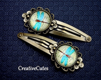 Rustic Colorful Dragonfly Hair Clips, Set of 2 Brass Spring Snap Clips, Glass Dragonfly Barrette Set, Cute Boho Hair Clips for Girls & Women