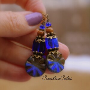 Rustic Boho Cobalt Blue Earrings, Unique Czech Glass Beads, Brown Ceramic Beads, Rustic Bronze Earrings, Colorful Bohemian Beaded Dangles image 3