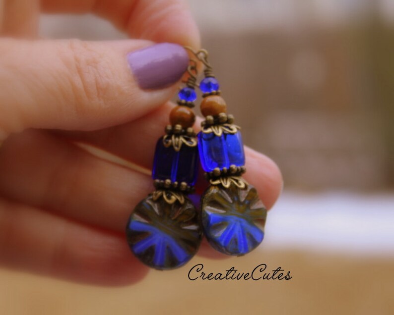 Rustic Boho Cobalt Blue Earrings, Unique Czech Glass Beads, Brown Ceramic Beads, Rustic Bronze Earrings, Colorful Bohemian Beaded Dangles image 3