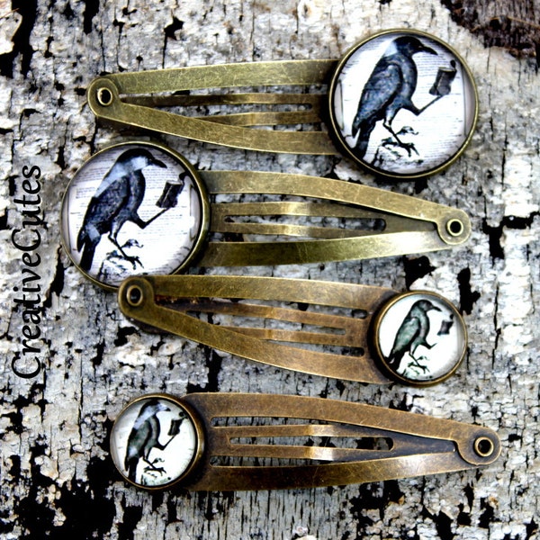 Reading Raven Art Hair Clips, Set of 4 Brass Metal Snap Clips, Raven, Crow, Bird & Book Lover Hair Clips, Victorian Steampunk Hair Jewelry