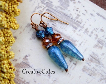 Beautiful Blue Boho Earrings, Bohemian Glass Earrings, Czech Bead Dangles, Brown & Blue Earrings, Rustic Copper Earrings, Crystal Earrings