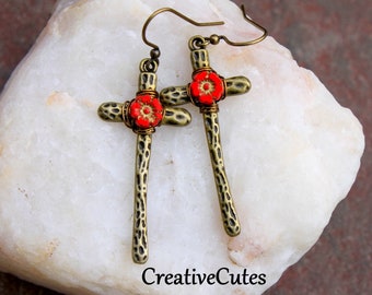 Bronze Boho Cross Earrings, Red Czech Flower Bead Crosses, Long Rustic Bohemian Hippie Christian Cross Earring Dangles