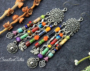 Colorful Rainbow Chandelier Earrings, Silver Bees, Hearts & Flowers, Multi Color Czech Bead Earring Dangles, Long Bohemian Beaded Earrings