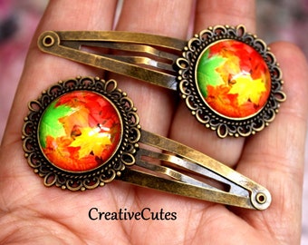 Colorful Autumn Leaves Hair Clips, Set of 2 Brass Spring Snap Clips, Fall Leaf Images under Glass Cabochons, Cute Boho Hair Clips for Women