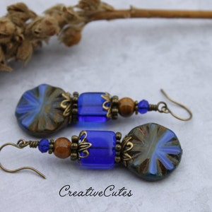 Rustic Boho Cobalt Blue Earrings, Unique Czech Glass Beads, Brown Ceramic Beads, Rustic Bronze Earrings, Colorful Bohemian Beaded Dangles image 2