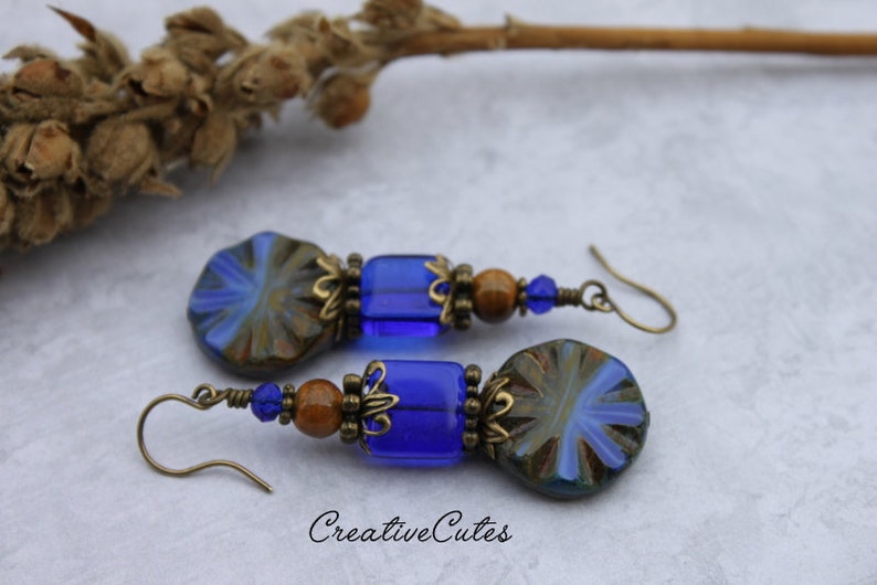 Rustic Boho Cobalt Blue Earrings, Unique Czech Glass Beads, Brown Ceramic Beads, Rustic Bronze Earrings, Colorful Bohemian Beaded Dangles image 2