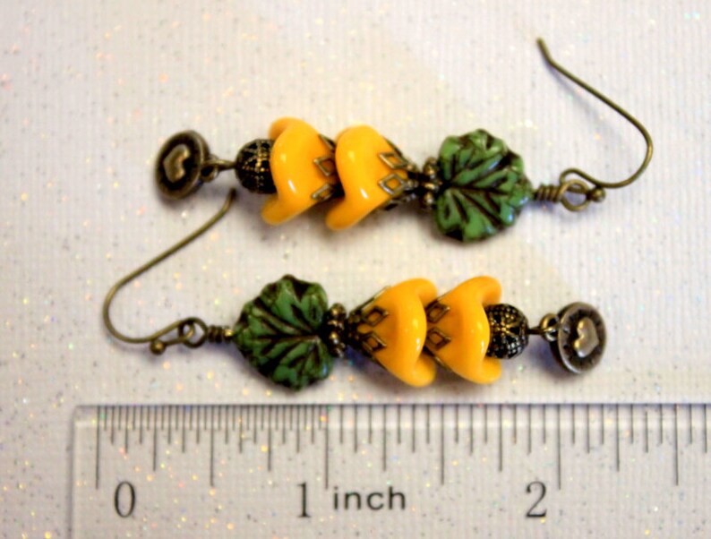 Earthy Bohemian Hippie Earrings Sunflower Yellow Flower Earrings Rustic Green Leaf Czech Bead Earrings Boho Bronze Heart Dangles Dangles
