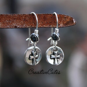 Boho Tiny Cross Earrings, Rustic Silver Mini Cross Coin Dangles, Black Hematite Bead Earrings, Modern Unisex Bohemian Christian Jewelry