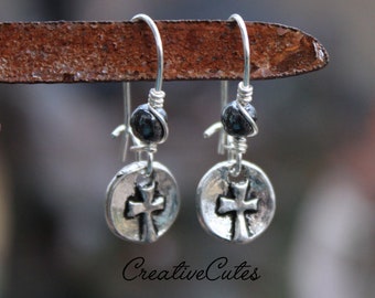 Boho Tiny Cross Earrings, Rustic Silver Mini Cross Coin Dangles, Black Hematite Bead Earrings, Modern Unisex Bohemian Christian Jewelry