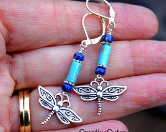 Turquoise Dragonfly Earrings, Silver Dragonflies Dangles, Blue Czech Glass Bead Earrings, Dragonfly Lover Jewelry Gift, Cute Boho Earrings