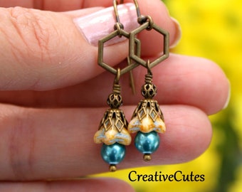 Boho Hexagon Earrings, Dainty Boho Flower Dangles, Aqua Pearl Earrings, Rustic Bohemian Vibe Jewelry, Simple Geometric Dangle Earrings