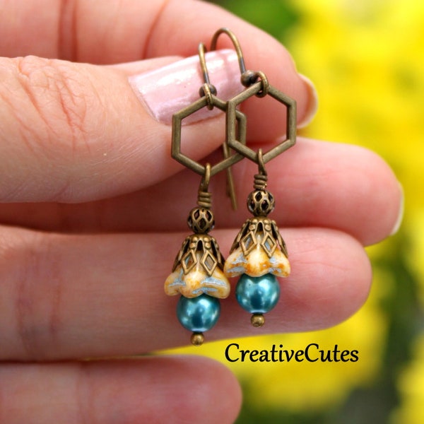 Boho Hexagon Earrings, Dainty Boho Flower Dangles, Aqua Pearl Earrings, Rustic Bohemian Vibe Jewelry, Simple Geometric Dangle Earrings