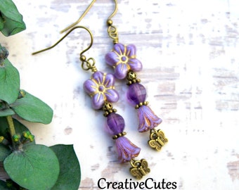 Boho Purple Amethyst Earrings, Rustic Butterfly Dangles, Lavender Czech Flower Bead Earrings, Cute Bohemian Flower Earrings, Purple Amethyst