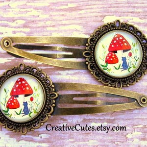 Cute Mushroom Hair Clips, Set of 2 Brass Snap Clips, Gray Kitty & Red Mushroom Glass Images, Boho Hippie Hair Clips for Girls, Hair Jewelry