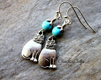 Turquoise Boho Cat Earrings, Silver Kitty Cat Dangles, Turquoise Blue Howlite Beads, Cat Lover Jewelry Gift, Cute Bohemian Cat Earrings