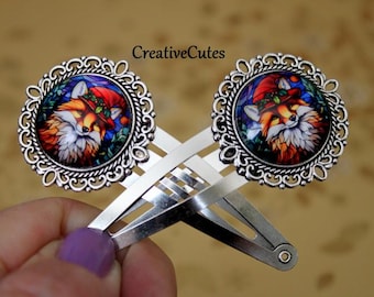 Christmas Fox Hair Clips, Set of 2 Silver Snap Clips, Cute Glass Fox in Santa Hat Art Images, Boho Fox Lover Gift, Fancy Womens Hair Clips