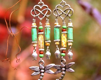 Celtic Dragonfly Earring Dangles, Colorful Boho Czech Glass Beads, Rustic Nature Lover Earrings, Chandelier Bead Dangles, Silver Dragonflies